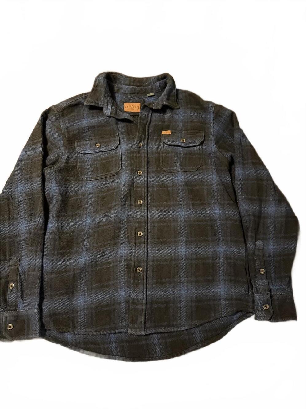 Orvis Men’s Large Plaid Flannel Shirt Blue Gray 100% Cotton Button Up